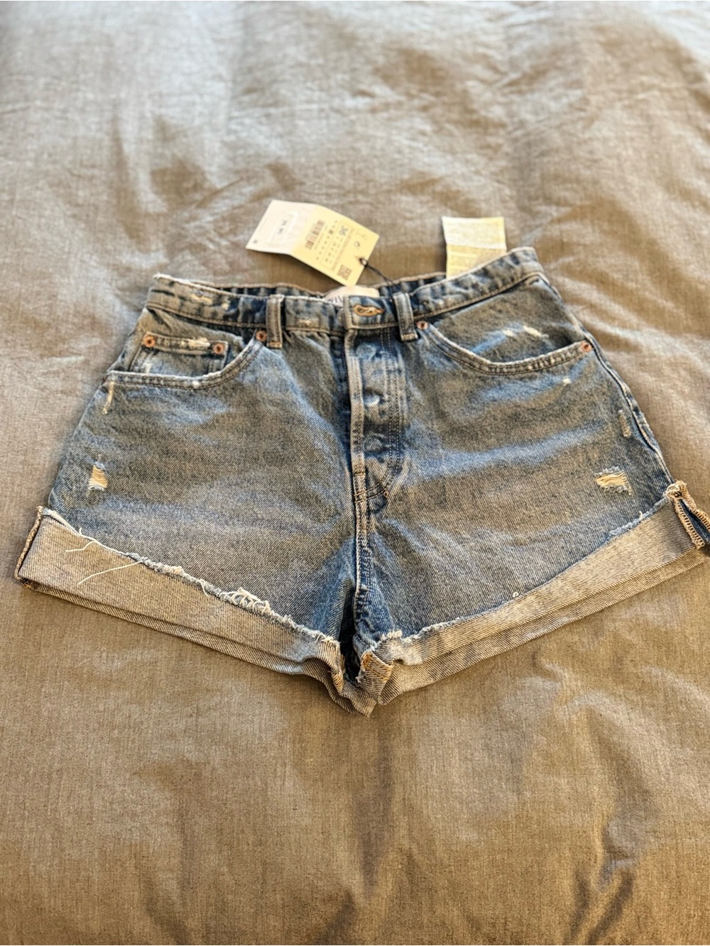 Zara Rolled Hem Distressed Denim Shorts - Medium Blue